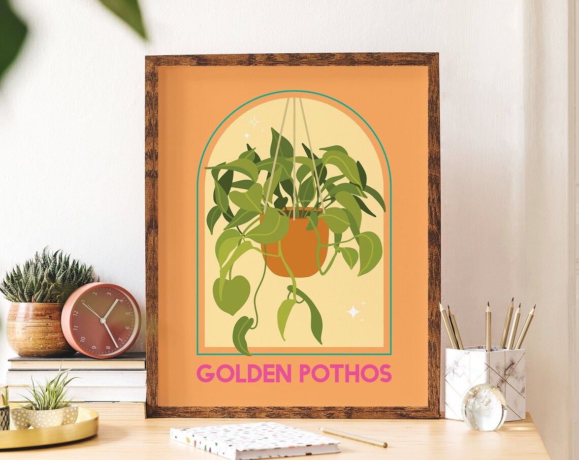 Golden Pothos Hanging Plant Orange Arch Botanical Illustration Poster