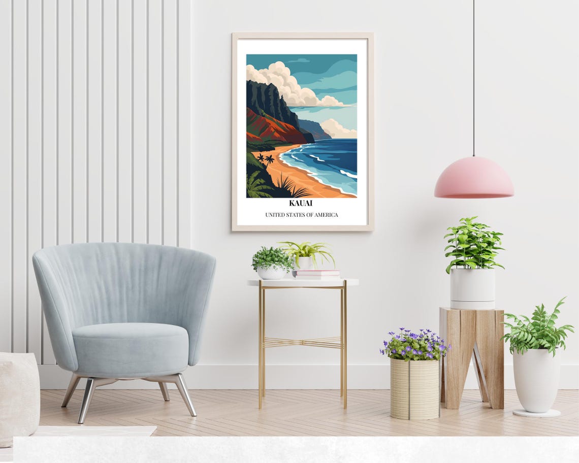 Kauai Hawaii Golden Beach Towering Red Volcanic Cliffs Sunset Poster - Image 2