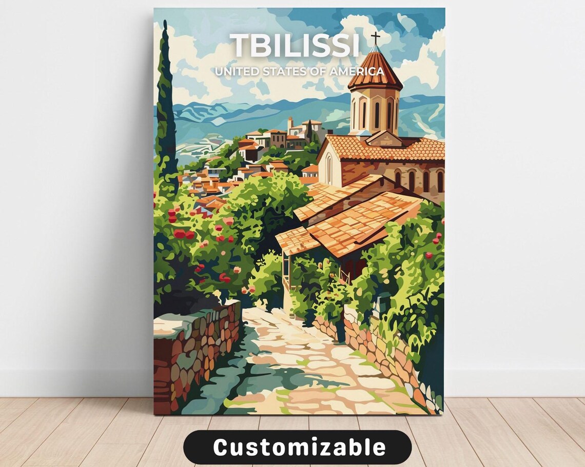 Tbilissi USA Cobblestone Lane Old Church Vintage Travel Poster