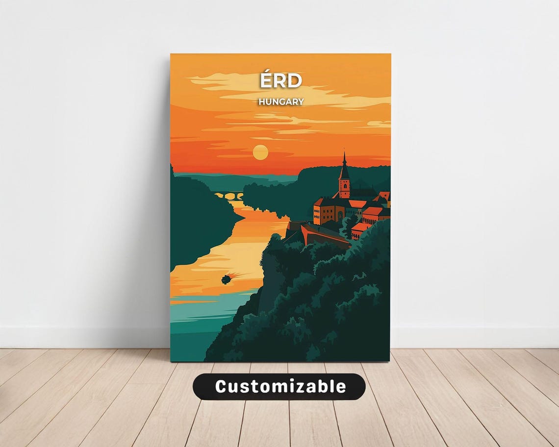 Érd Hungary Sunset Travel Poster Danube River Bridge Landscape Art