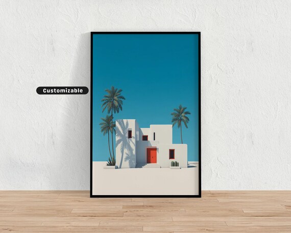 Minimalist Island House With Palm Shadows On White Walls Mediterranean Colorful Wall Art Tropical Illustration Print Modern Boho Home