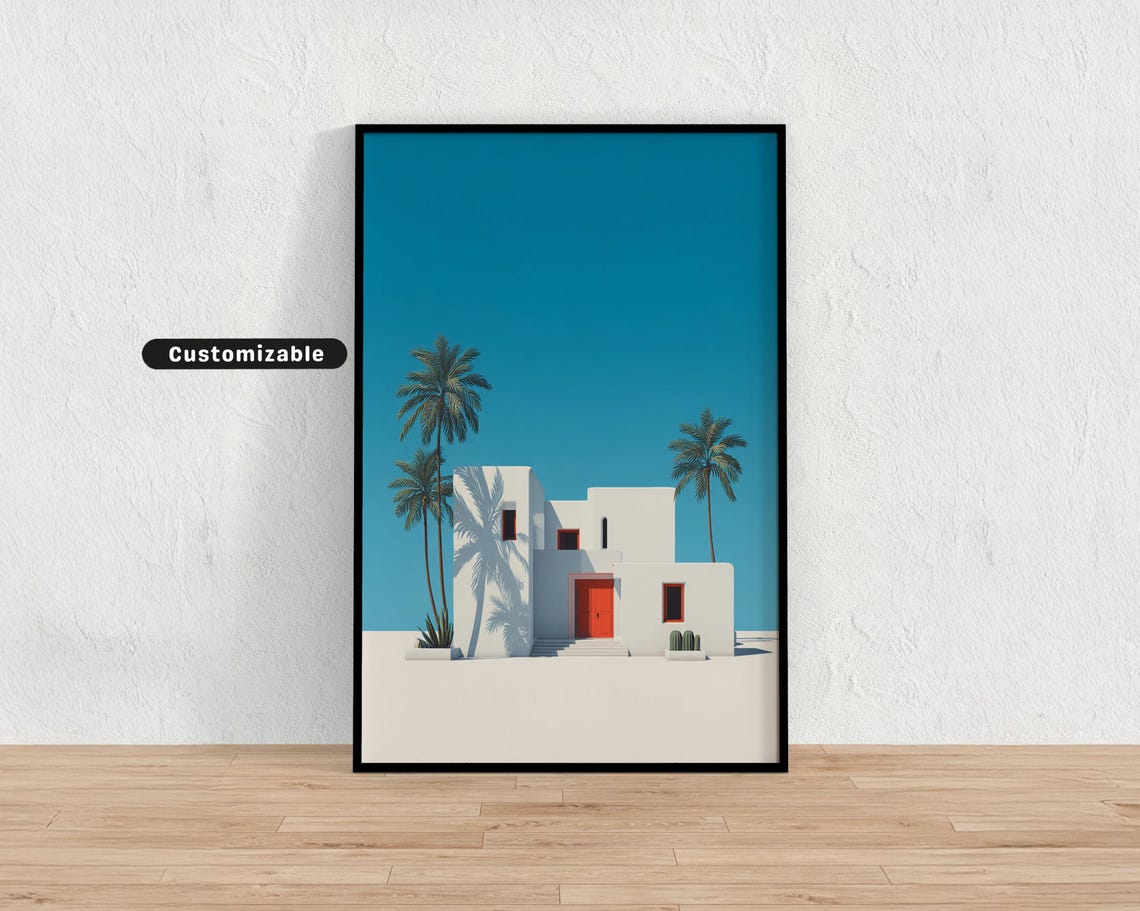White Minimalist Villa Palm Trees Blue Sky Modern Beach Poster