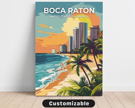 Boca Raton Beach Palm Trees Sunset Ocean Skyline Travel Poster