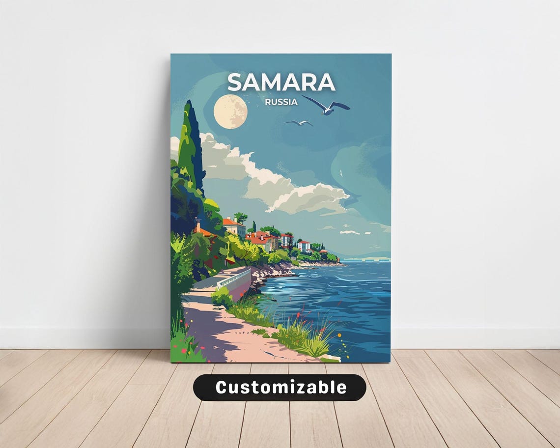 Samara Russia Coastal Path Moon Seagulls Seaside Travel Poster