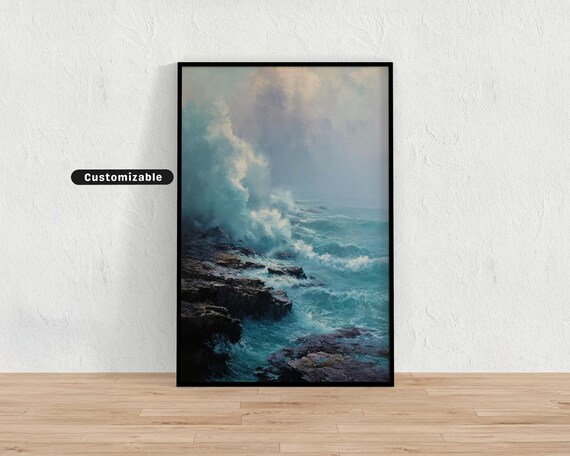Ocean Waves Crashing on Dark Rocks Seascape Painting Wall Art