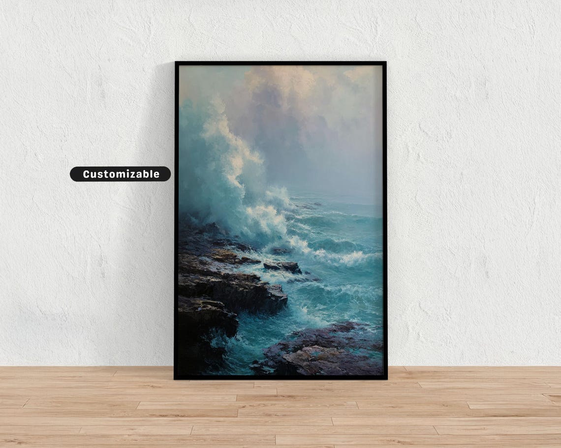 Ocean Waves Crashing on Dark Rocks Seascape Painting Wall Art