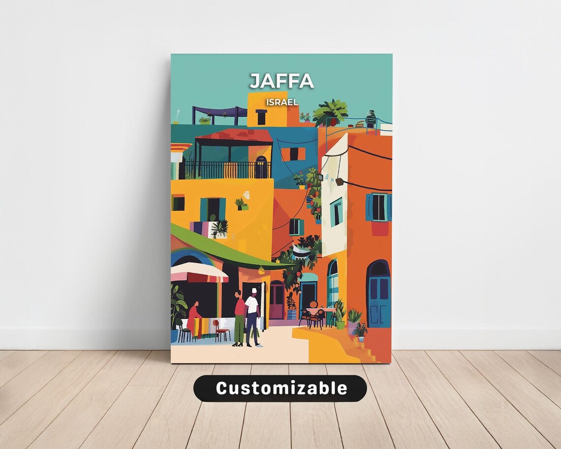 Jaffa Israel Travel Poster Colorful Old Town Alley Street Buildings