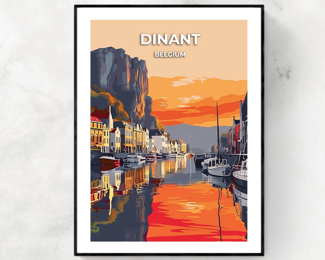 Dinant Belgium Riverfront Citadel Sunset Vintage Travel Poster