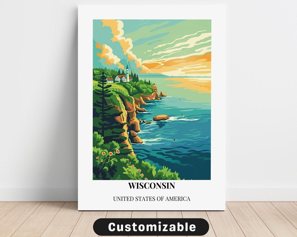 Wisconsin USA Coastal Cliffs Lake Sunset Vintage Travel Poster