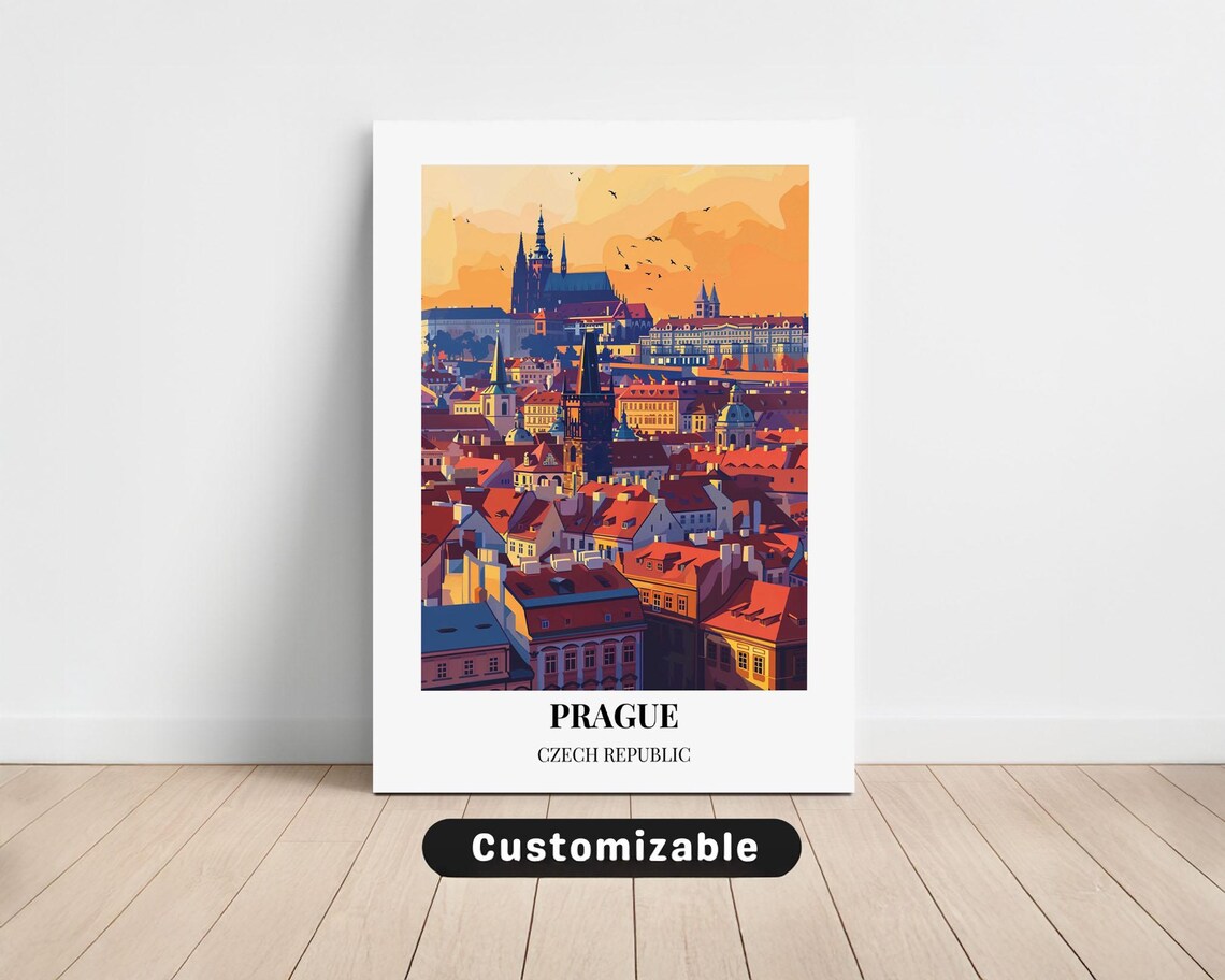 Golden Prague Czech Republic Sunset Rooftops Art Travel Poster