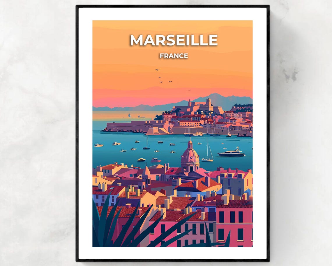 Marseille France Sunset Harbor View Vintage Travel Art Poster