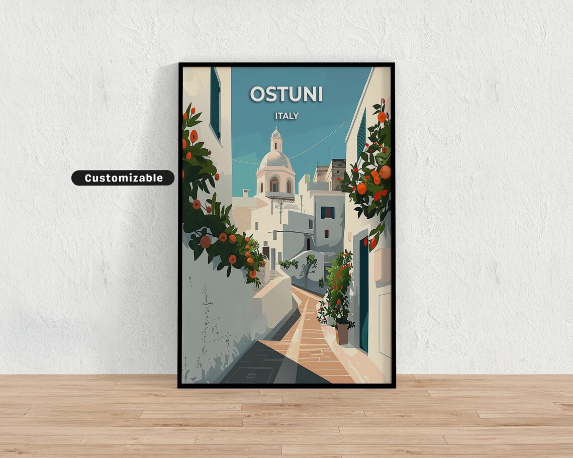 Ostuni Italy White Alley Orange Trees Vintage Street Travel Poster
