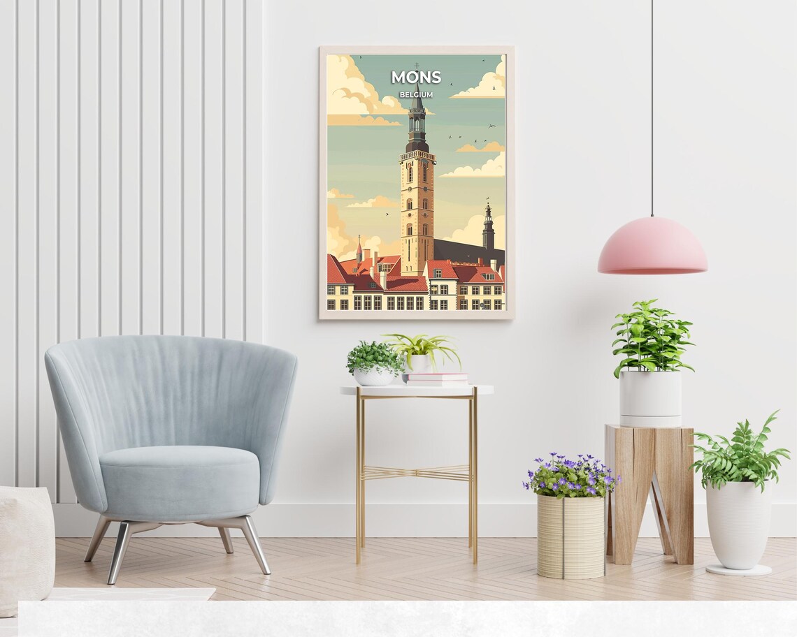 Mons Belgium Belfry Tower Old Town Sunlit Vintage Travel Poster - Image 2