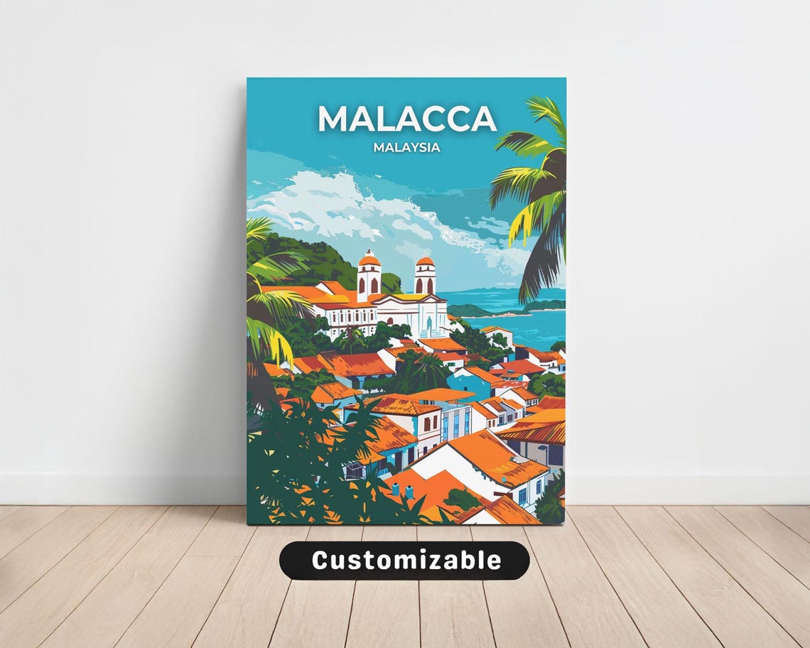 Malacca Malaysia Colonial Rooftops Coast Retro Travel Poster