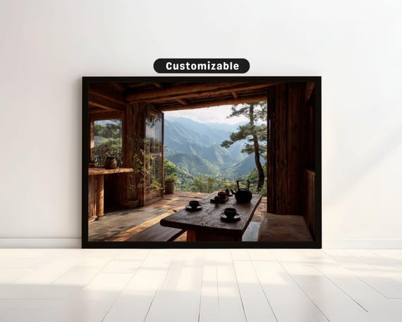 Traditional Tea House With Open View To Mountain Valley Japanese Wall Art Print Zen Asian Decor