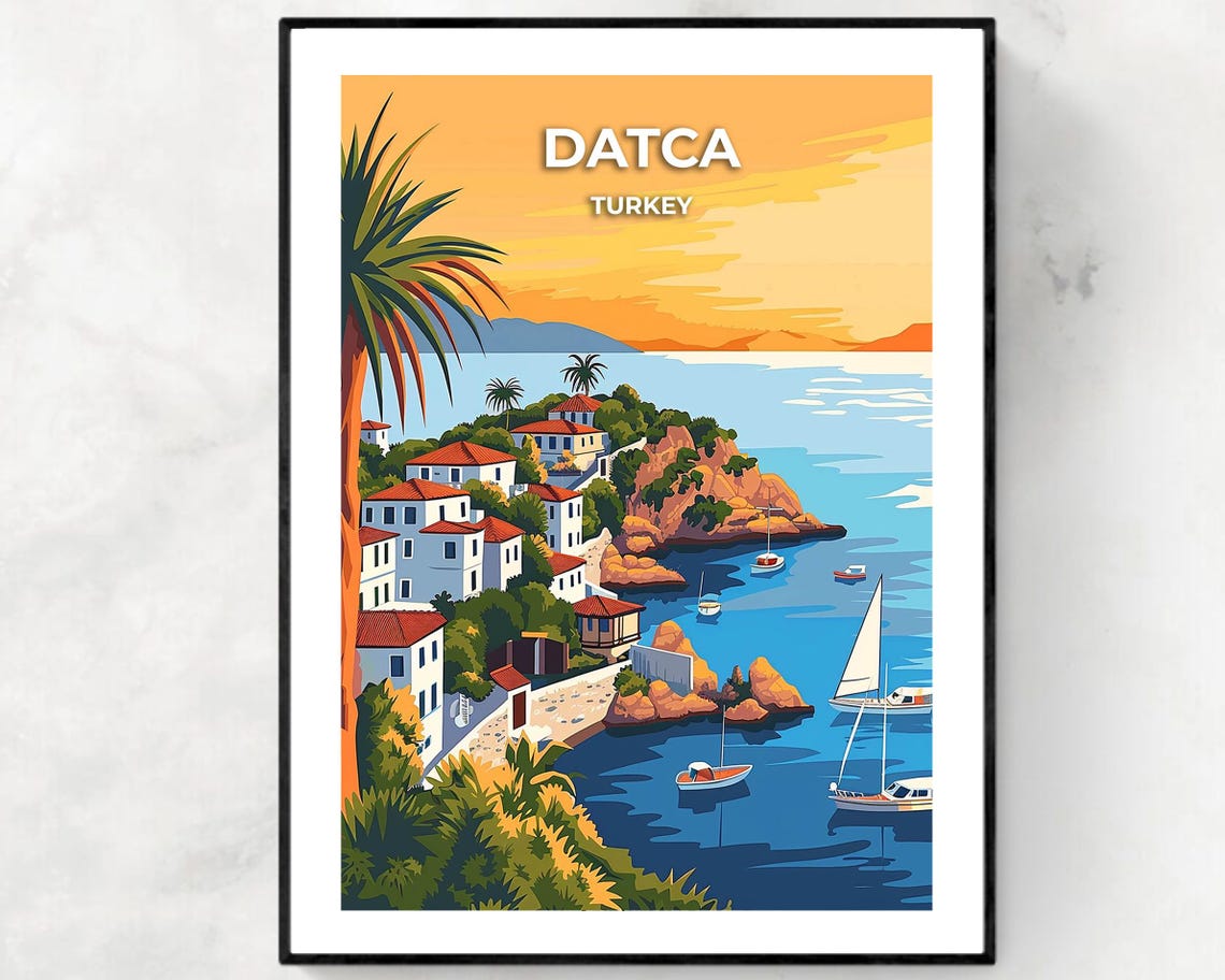 Datca Turkey Coastal Peninsula Sailboats Sunset Vintage Travel Poster