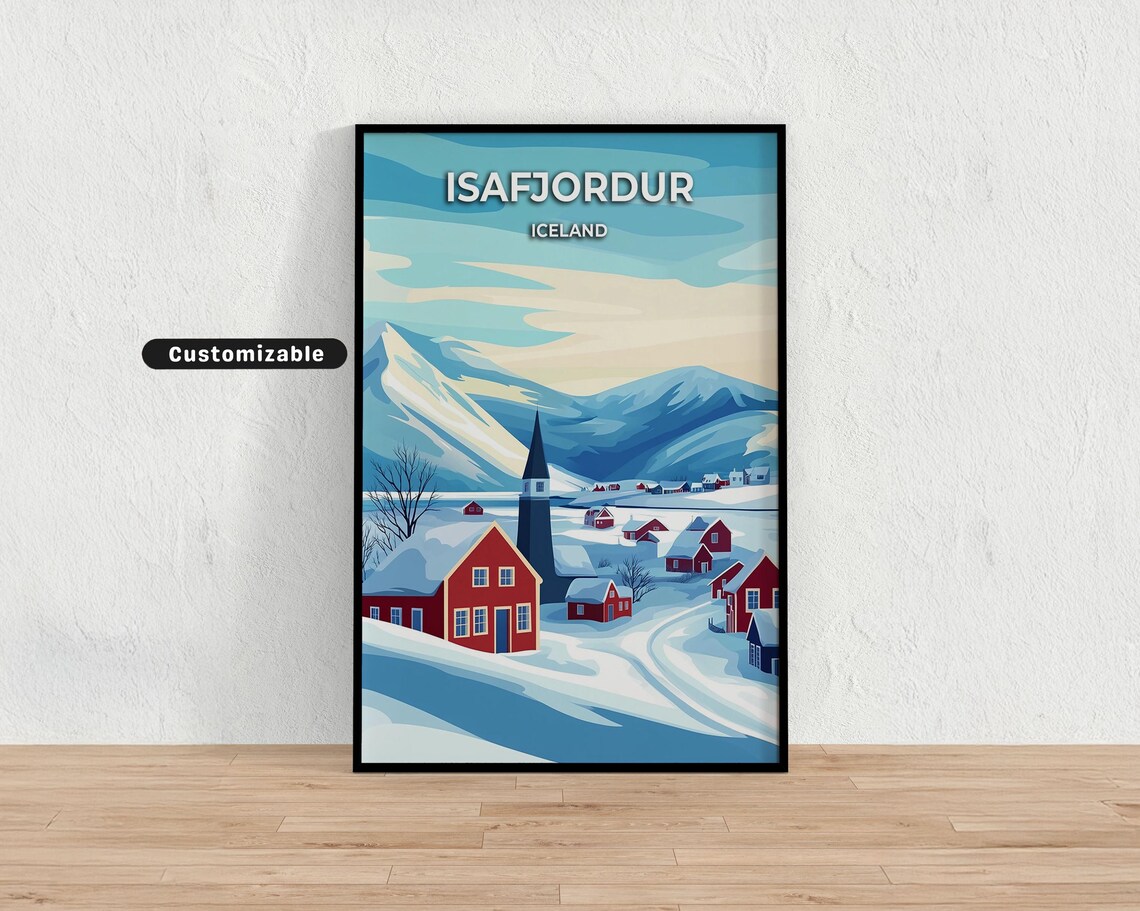 Isafjordur Iceland Snowy Red Church Village Winter Travel Poster