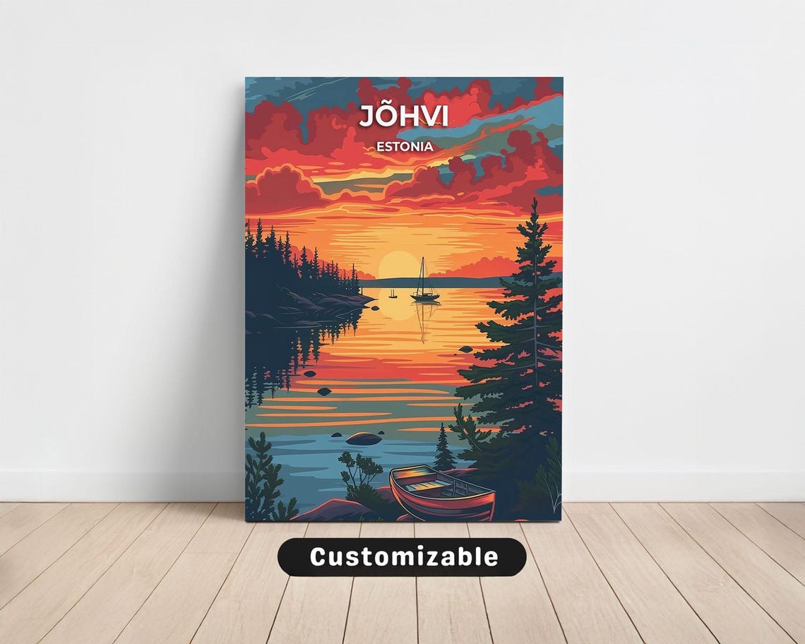 Jõhvi Estonia Sunset Lake Boats Retro Travel Poster Warm Hues