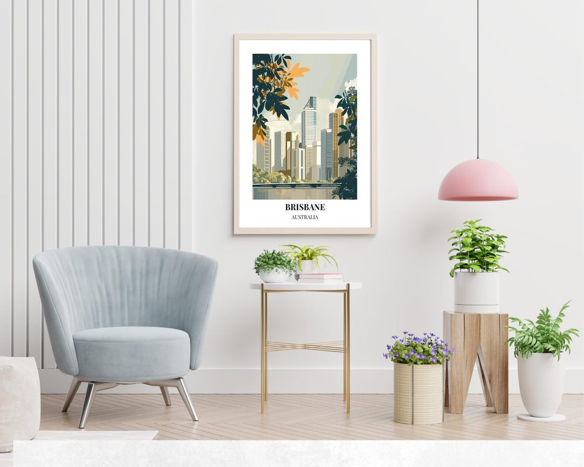 Brisbane Skyline Through Green Foliage Minimal Travel Poster - Image 2