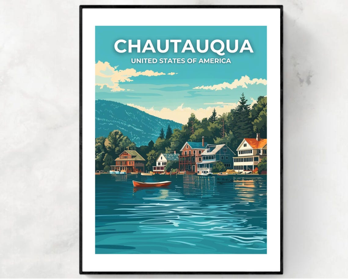 Chautauqua New York Lake Cottages Rowboat Top Title Travel Poster