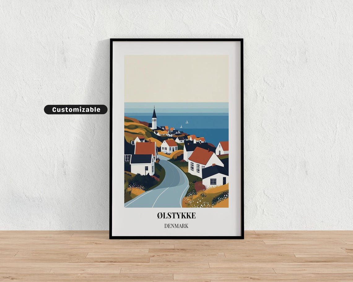 Ølstykke Denmark Coastal Road Hillside Village Retro Travel Poster