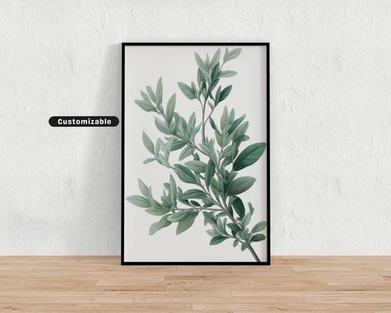 Branch With Pale Sage Green Leaves In Botanical Illustration Style Minimal Wall Art Neutral Nature Print