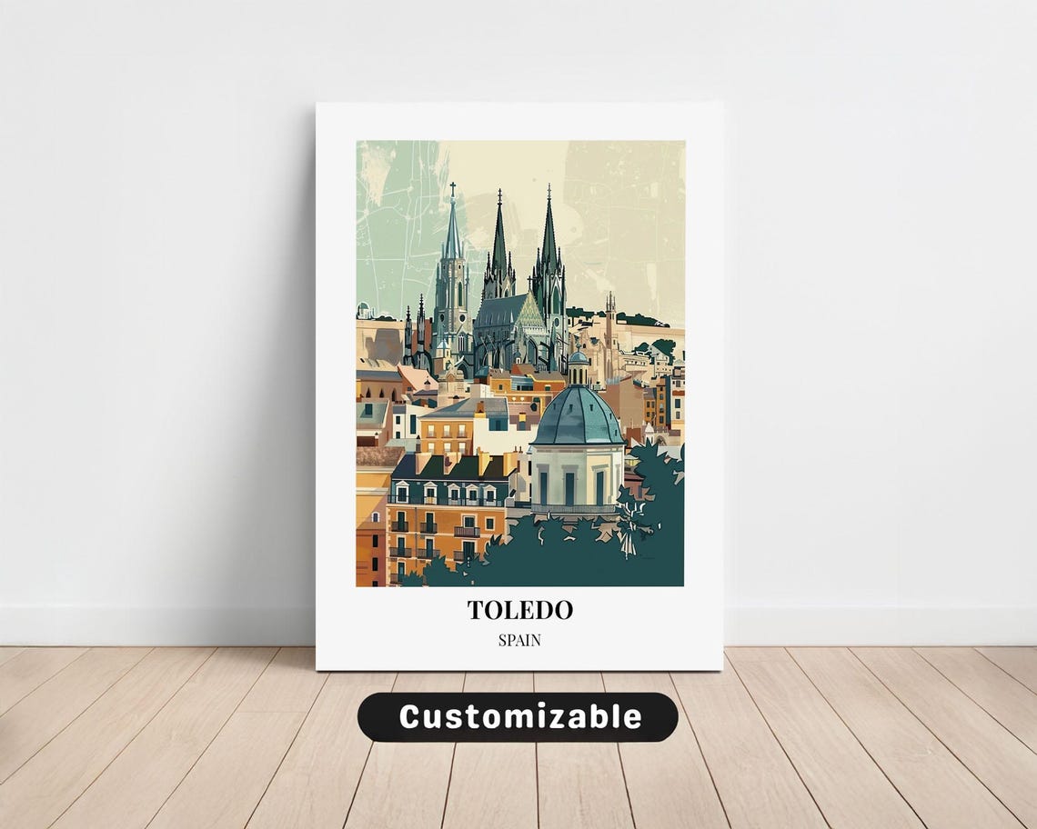Toledo Spain Cathedral Spires Old Town Vintage Travel Art Poster