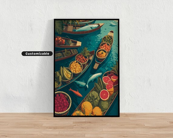 Floating Market With Colorful Baskets Fish And Tropical Fruit Mediterranean Wall Art Illustration Print Modern Boho