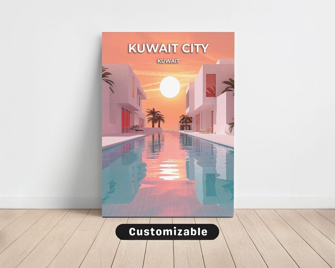 Kuwait City Kuwait Sunset Pool Palm Trees Modern Resort Poster