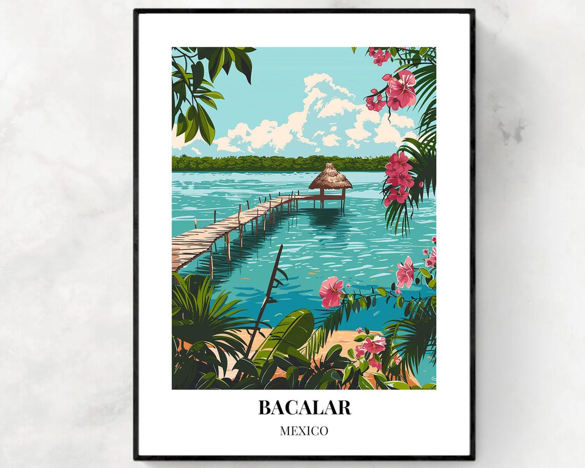 Bacalar Lagoon Wooden Pier with Palapa Hut Mexico Travel Poster
