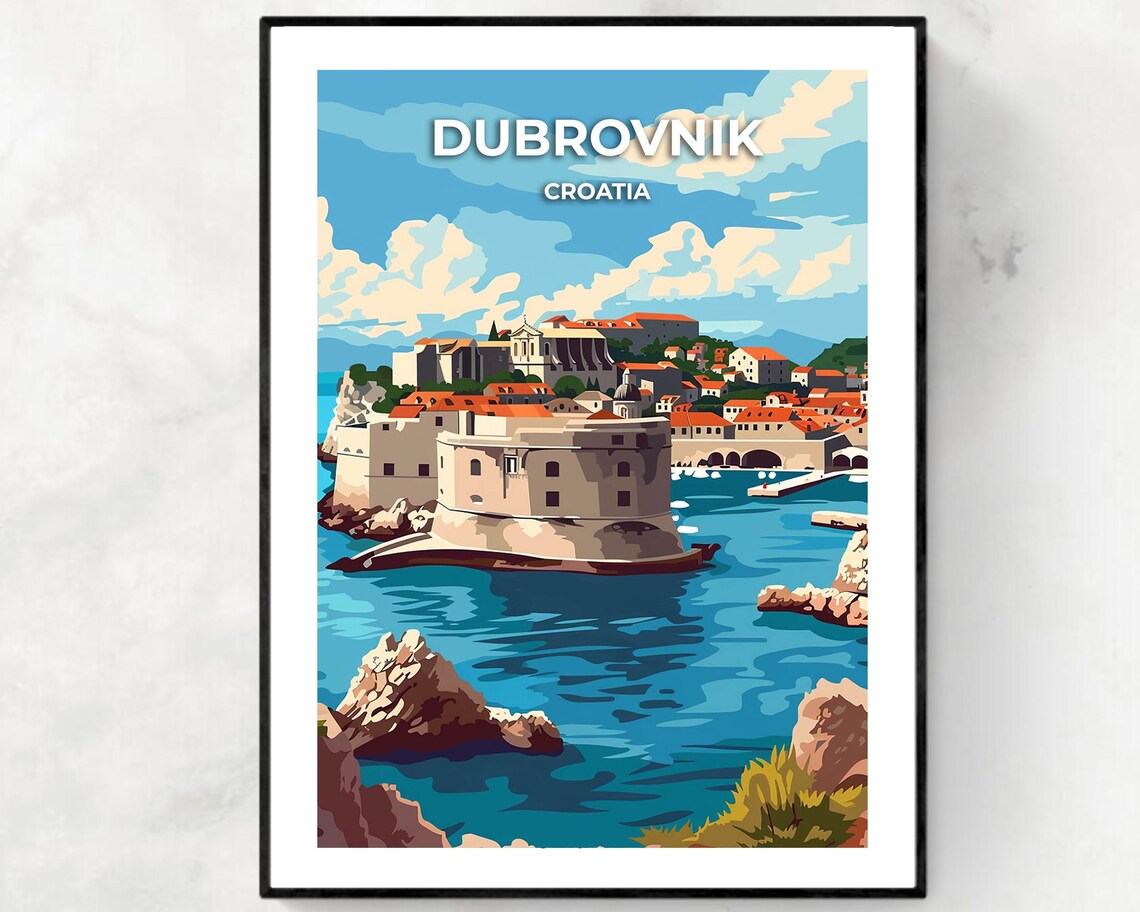 Dubrovnik Croatia Old Town Fort Walls and Adriatic Sea Travel Poster