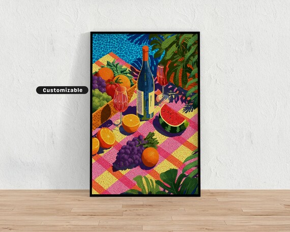 Playful Summer Picnic Scene With Fruit Wine And Checkered Blanket Mediterranean Colorful Wall Art Tropical Illustration Print Modern