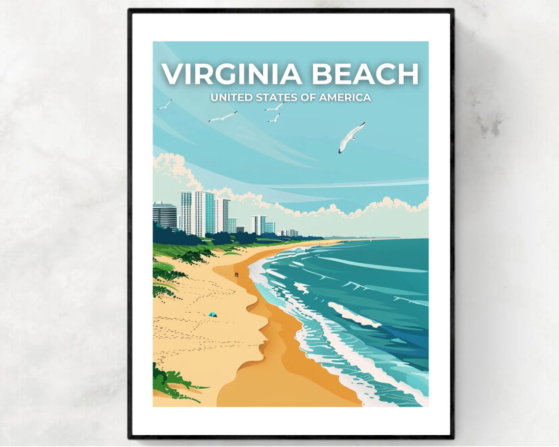 Virginia Beach Oceanfront Shoreline Poster with Top Title Text