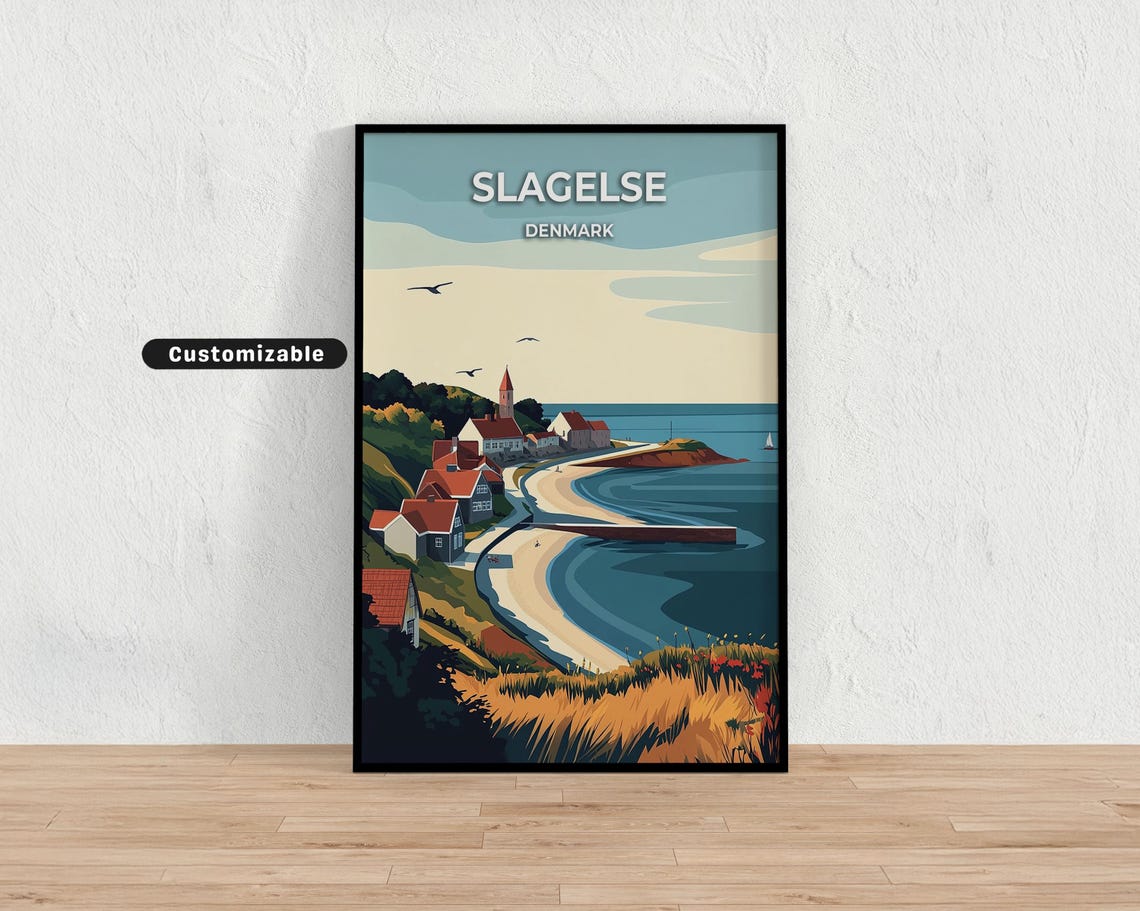 Slagelse Denmark Coastal Village Red Roofs Curving Beach Poster