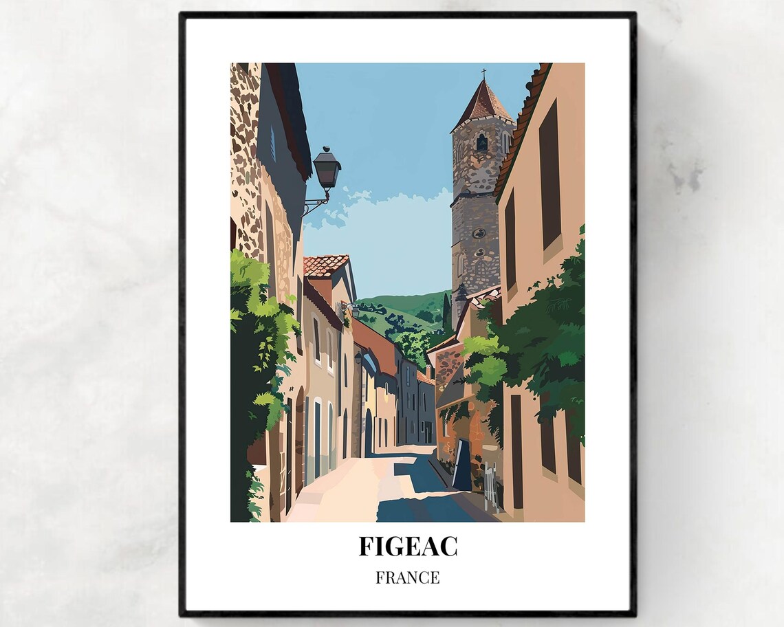 Figeac France Old Town Street With Church Vintage Travel Poster Art