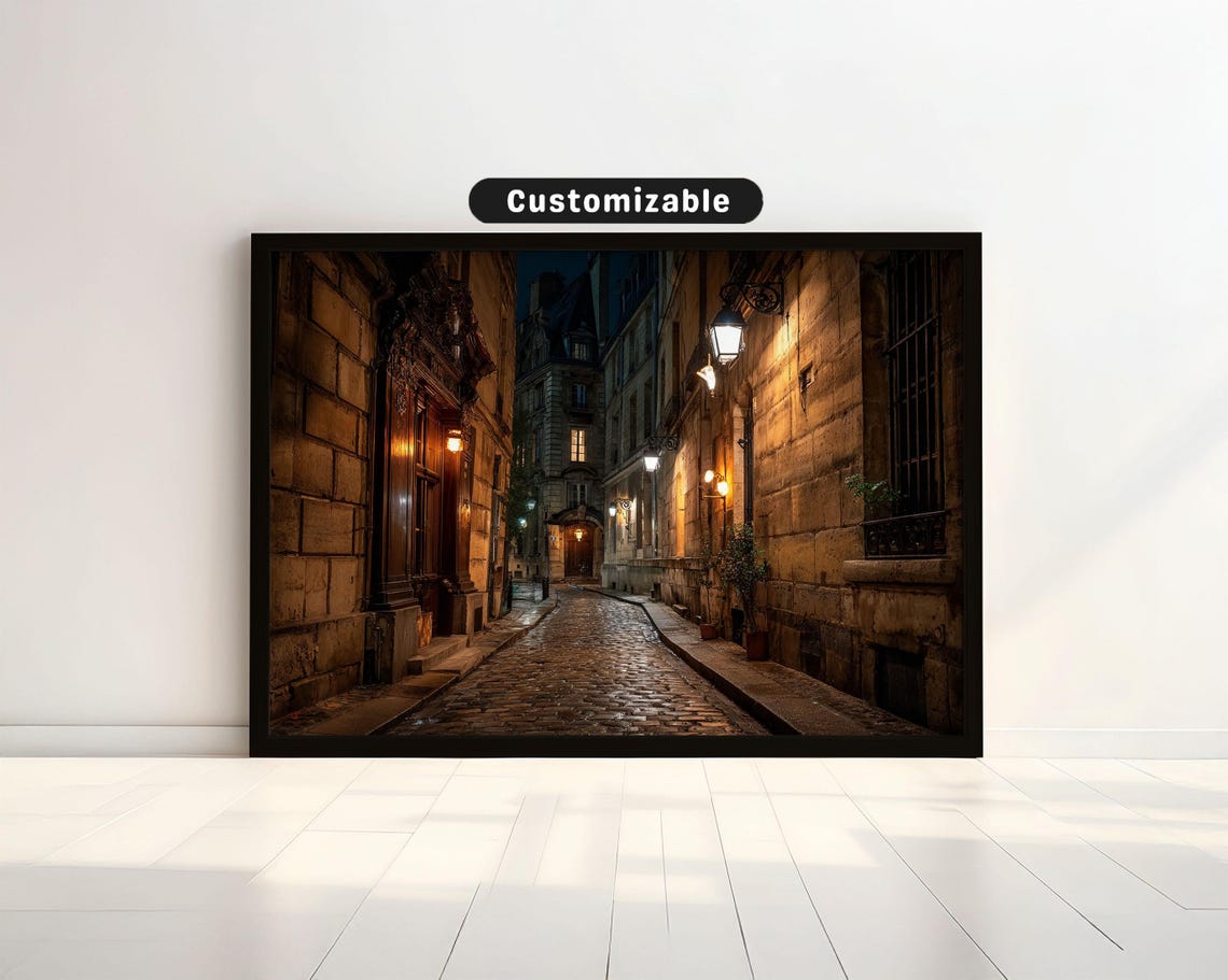 Historic Cobblestone Alley at Night Glowing Old Lanterns Art Poster