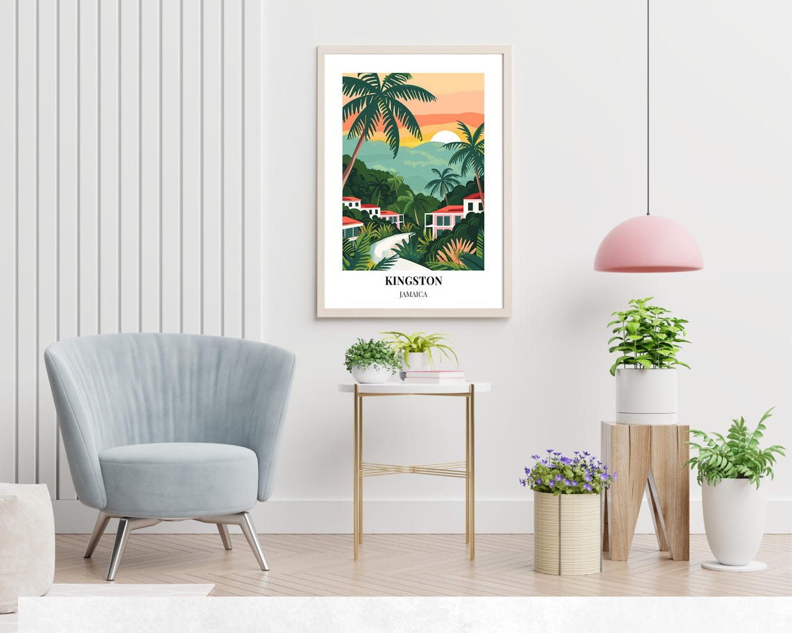 Kingston Jamaica Tropical Sunrise Palms Over Hillside Cottages Poster - Image 2