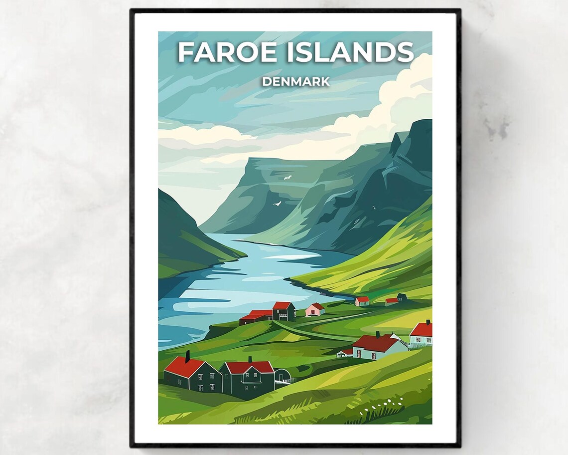 Faroe Islands Denmark Fjord Valley Village Green Cliffs Travel Poster