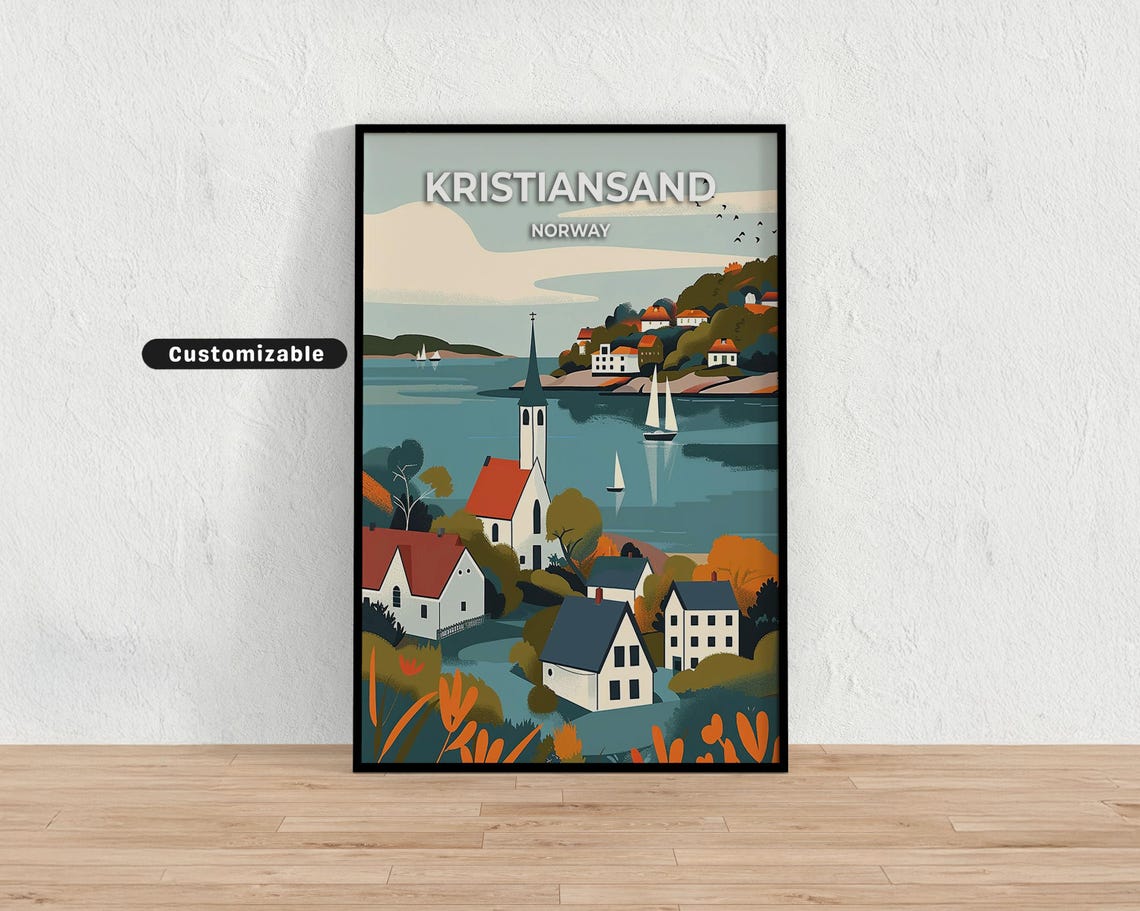 Kristiansand Norway Coastal Church Seaside Harbor Scene Poster