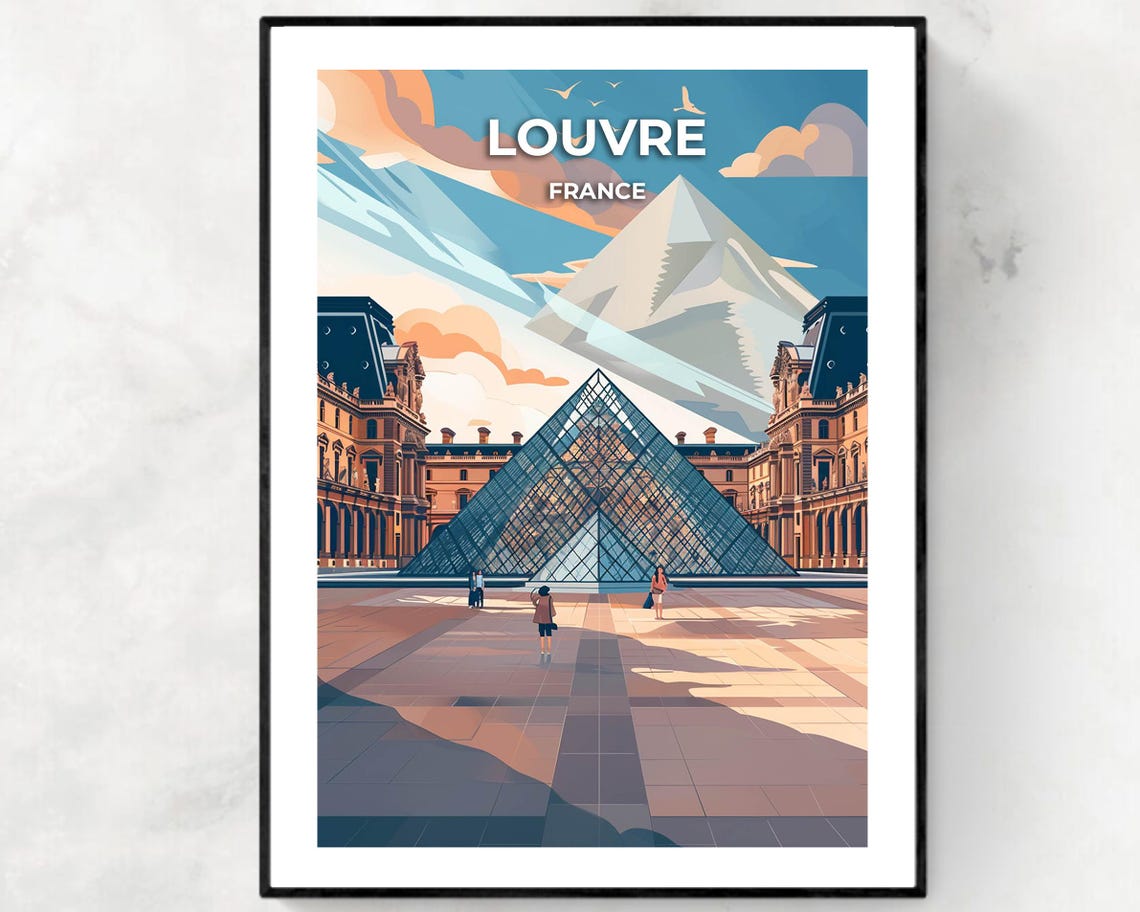 Louvre Paris Glass Pyramid Courtyard Museum Landmark Travel Poster