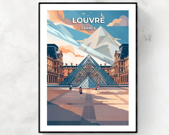 Louvre Paris Glass Pyramid Courtyard Museum Landmark Travel Poster