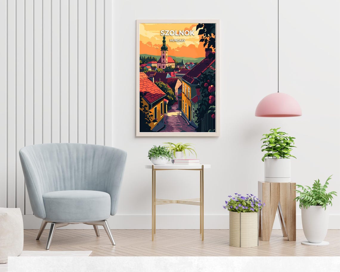 Szolnok Hungary Old Town Sunset Red Rooftops Vintage Travel Poster - Image 2