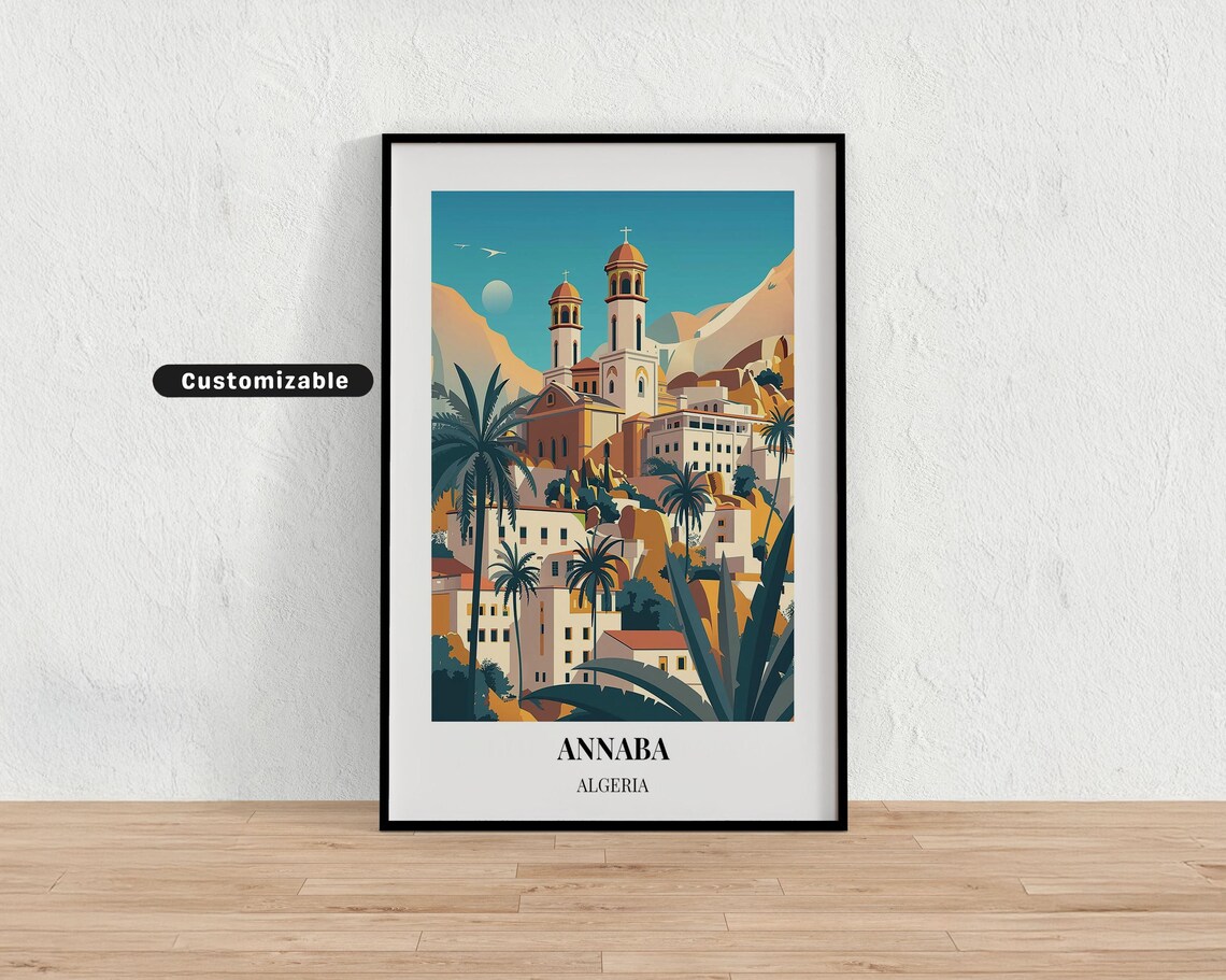 Annaba Algeria Hilltop Basilica Twin Towers Palm Travel Poster