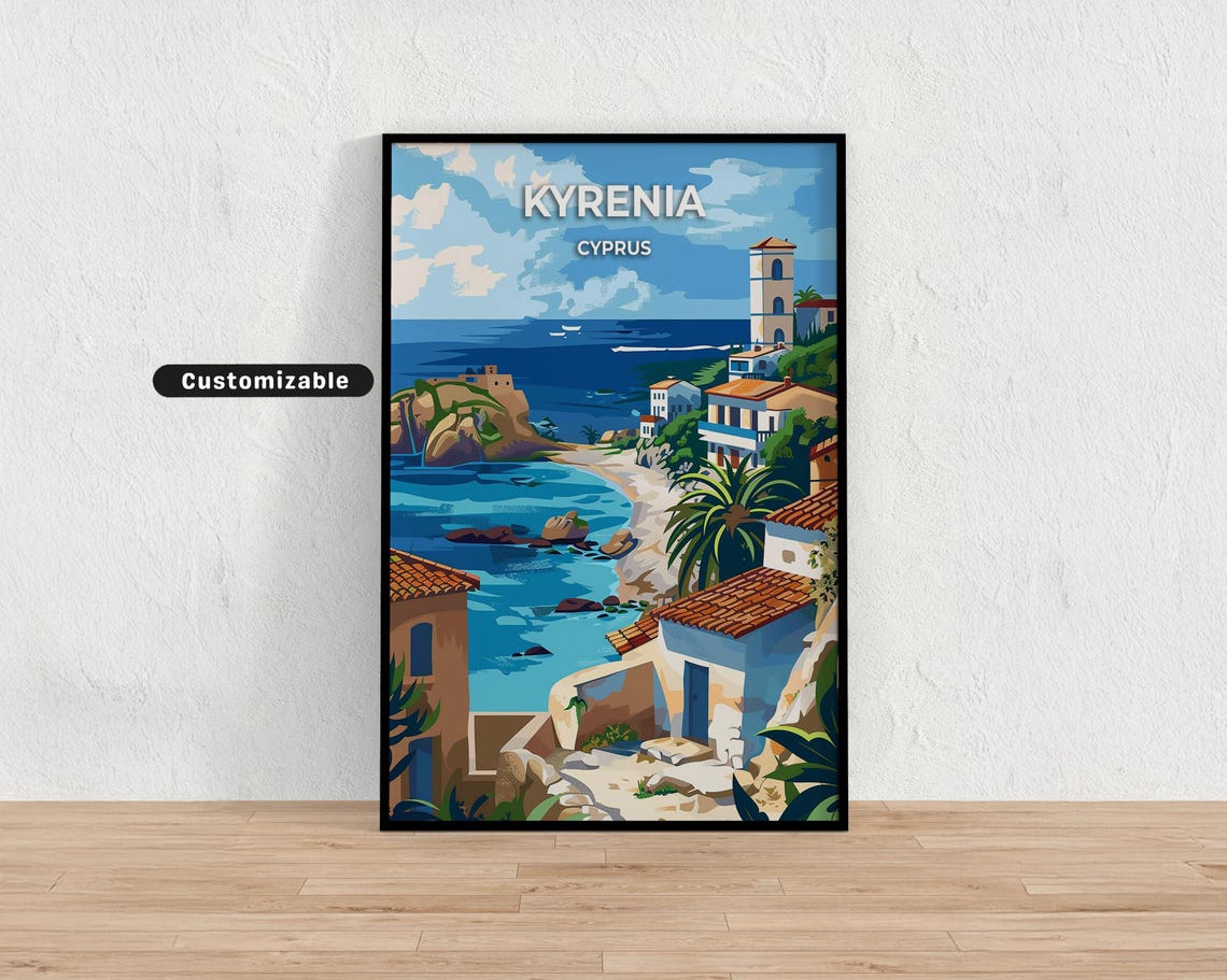 Kyrenia Cyprus Turquoise Bay Whitewashed Old Town Travel Poster