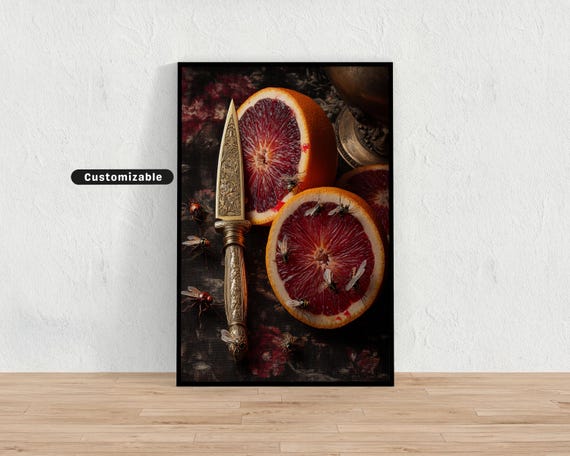 Victorianstyle Still Life Of Blood Orange Sliced With Ornate Knife And Insects Crawling Over Dark Nature Wall Art Gothic Animal Decor