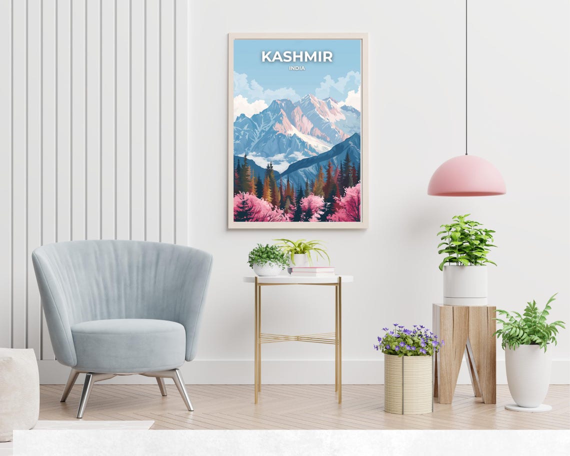 Kashmir India Snowy Himalayan Peaks Spring Blossom Travel Poster - Image 2