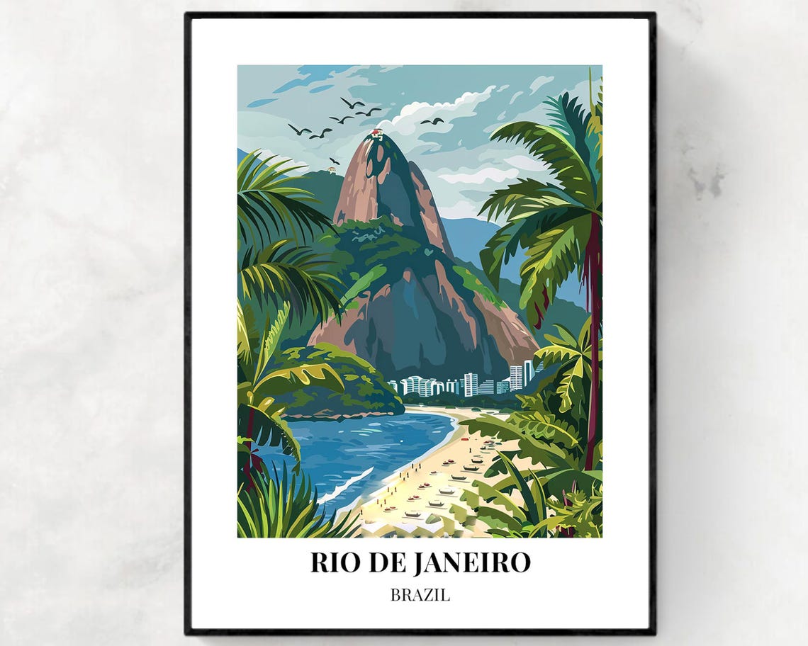 Rio de Janeiro Brazil Poster with Corcovado Peak Over the Beach
