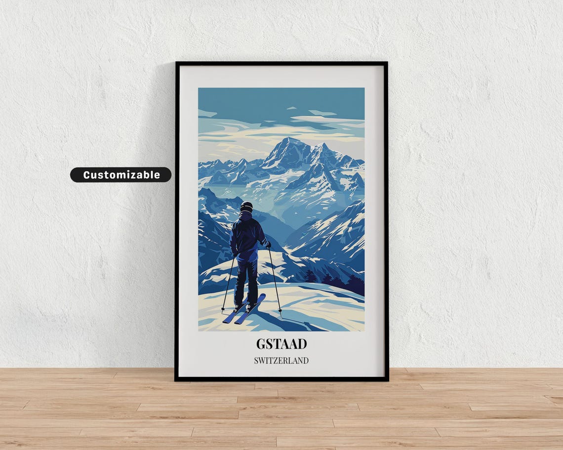Gstaad Switzerland Ski Travel Poster Alpine Skier Snow Mountain Decor