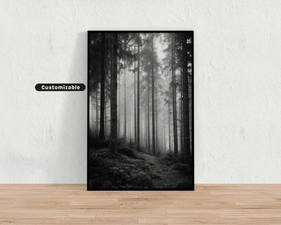 Monochrome Forest Landscape With Fog And Soft Textures Neutral Wall Art Print Minimalist Modern Decor