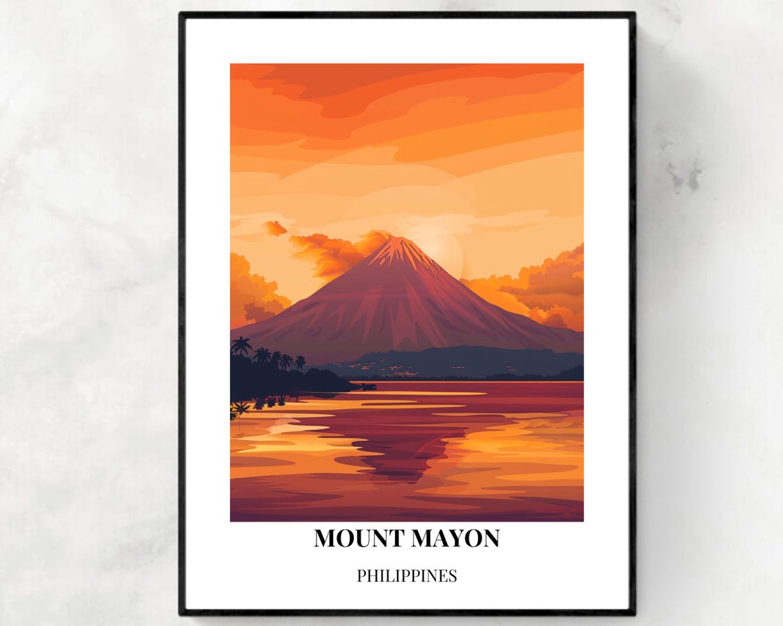 Mount Mayon Philippines Volcano Lake Reflection Sunset Travel Poster